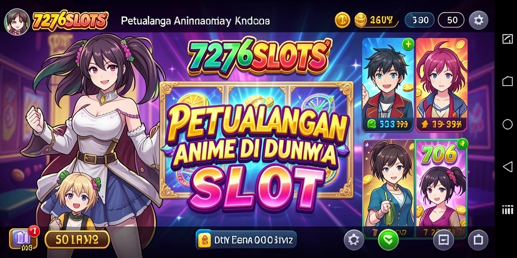 Screenshot gameplay 7276SLOTS dengan karakter anime dan grafis menawan.