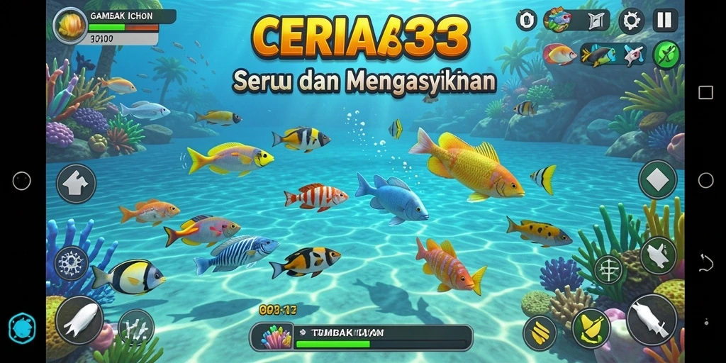 Tampilan gameplay seru dalam CERIA33 saat menangkap ikan.