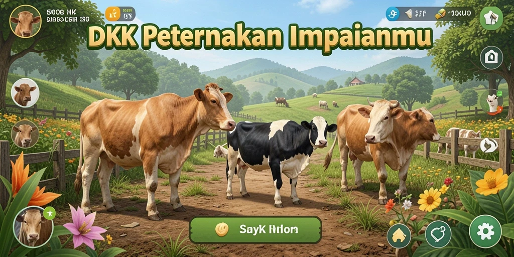 Screenshot DKK menampilkan gameplay seru dengan ladang hijau dan hewan peliharaan.