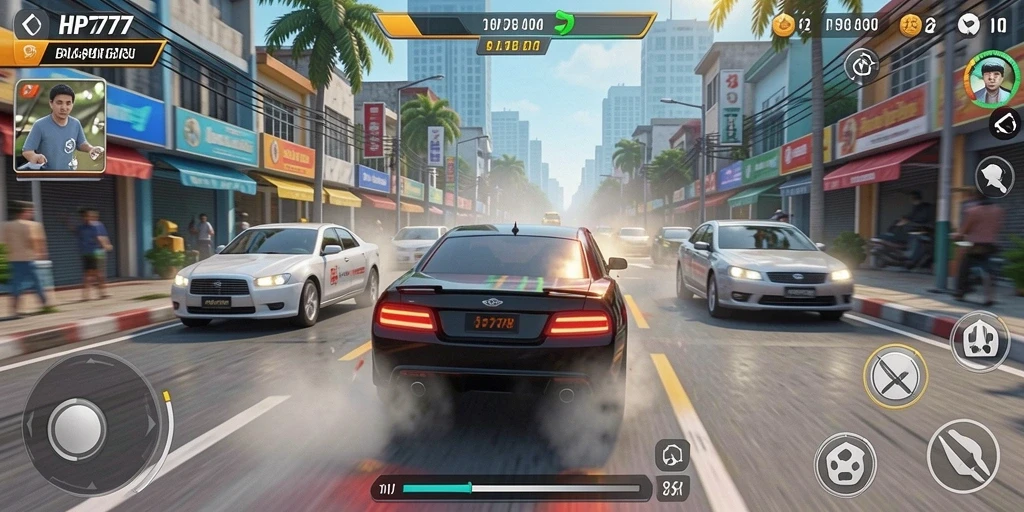 Gameplay seru HP777 dengan mobil balap siap melaju.