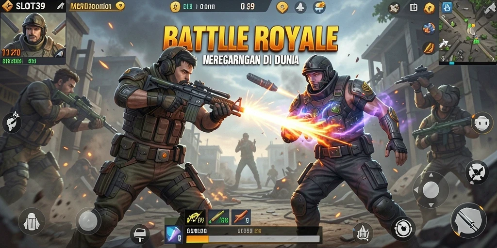 Screenshot utama SLOT39 menampilkan aksi seru dalam pertarungan Battle Royale.