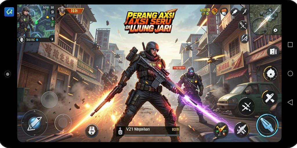 Screenshot V21 menampilkan aksi seru dan karakter dinamis dalam pertempuran.