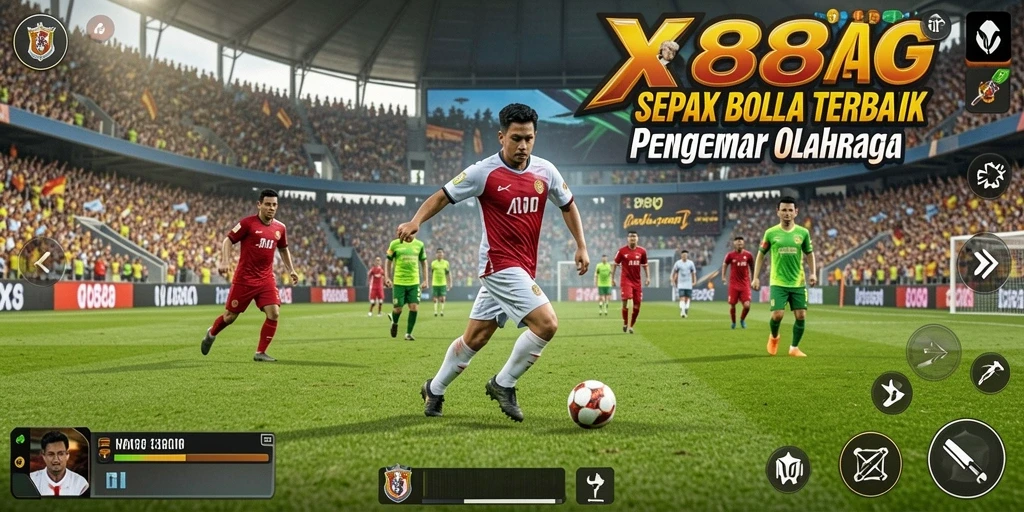 Tangkapan layar gameplay X88 menunjukkan aksi seru di lapangan sepak bola.
